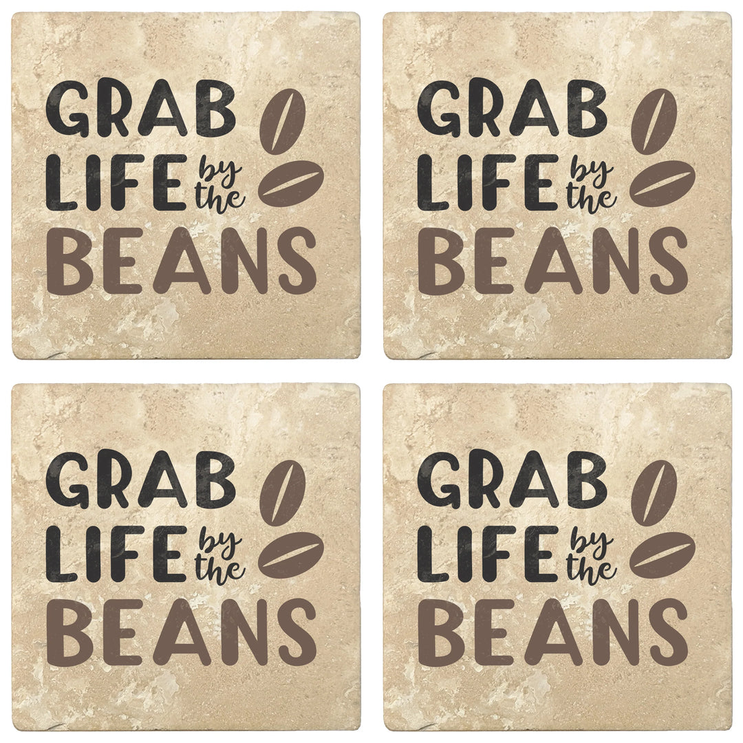 4" Absorbent Stone Coffee Gift Coasters, Grab Life By The Beans, 2 Sets of 4, 8 Pieces - Christmas by Krebs Wholesale
