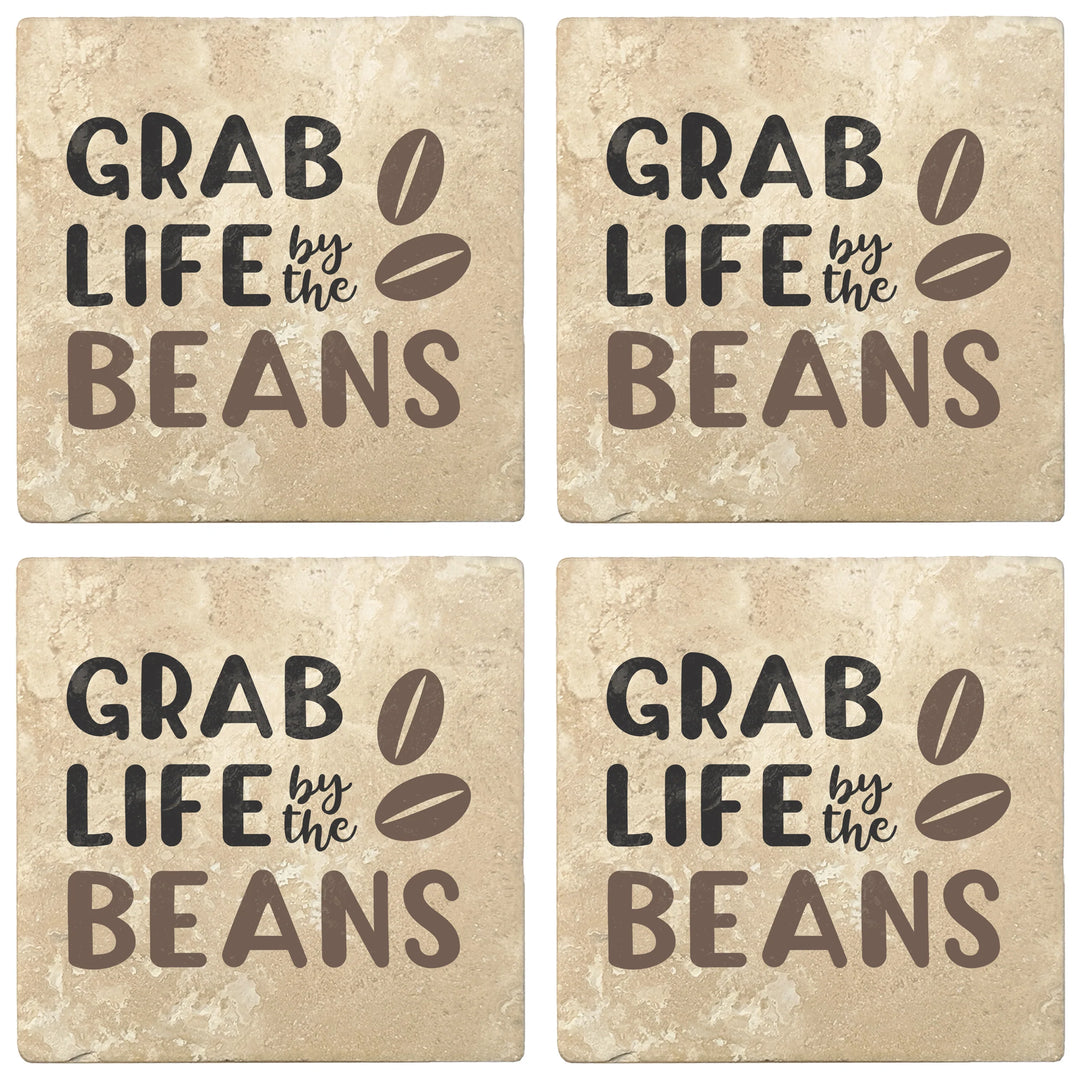 4" Absorbent Stone Coffee Gift Coasters, Grab Life By The Beans, 2 Sets of 4, 8 Pieces - Christmas by Krebs Wholesale