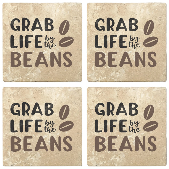 4" Absorbent Stone Coffee Gift Coasters, Grab Life By The Beans, 2 Sets of 4, 8 Pieces - Christmas by Krebs Wholesale