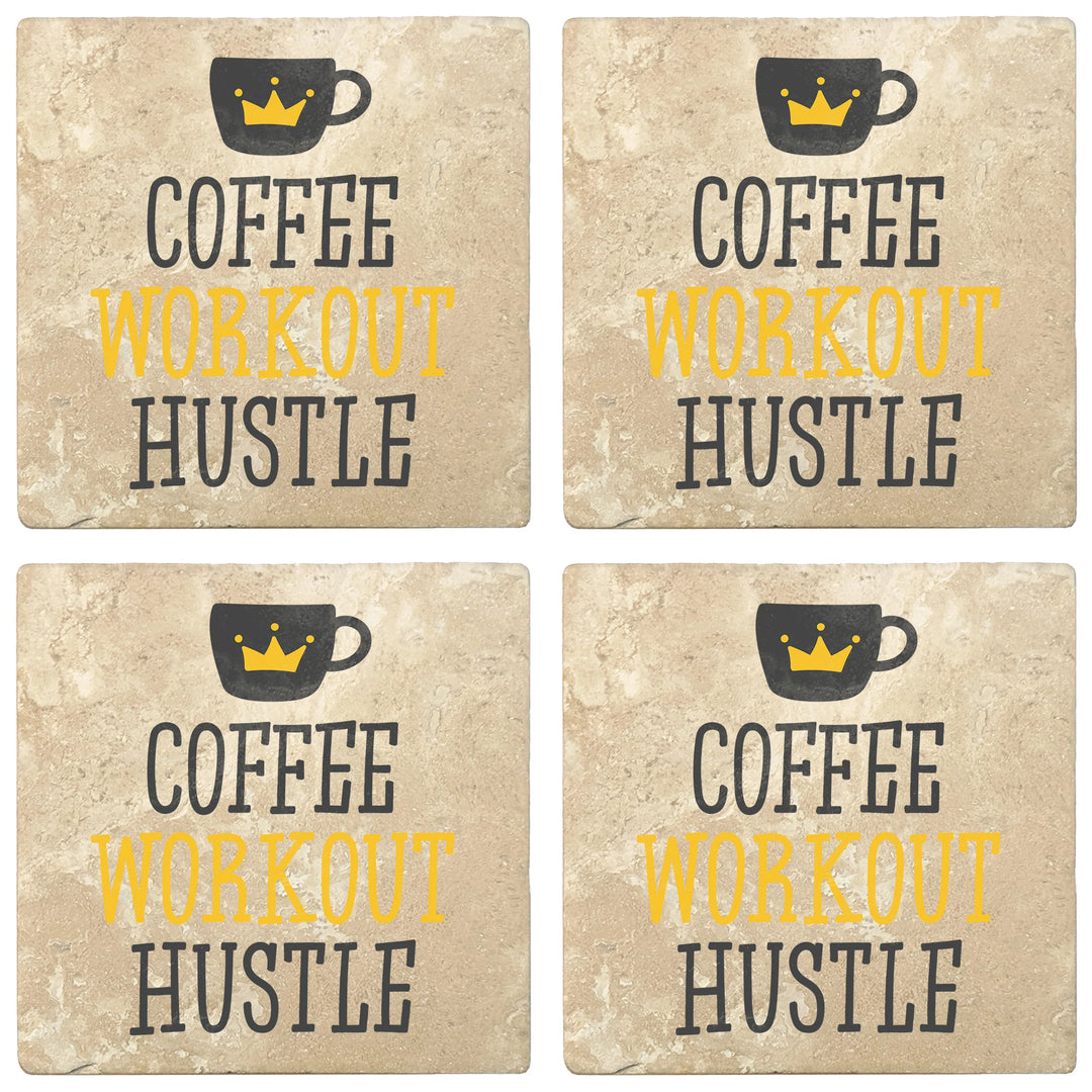 4" Absorbent Stone Coffee Gift Coasters, Coffee Workout Hustle, 2 Sets of 4, 8 Pieces - Christmas by Krebs Wholesale