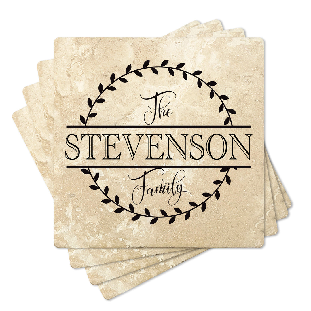 4" Personalized Family  Stone Coasters with Split Leaf Circle, Set of 4