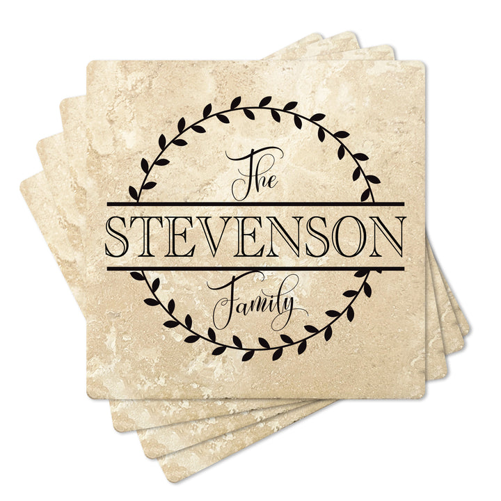 4" Personalized Family  Stone Coasters with Split Leaf Circle, Set of 4