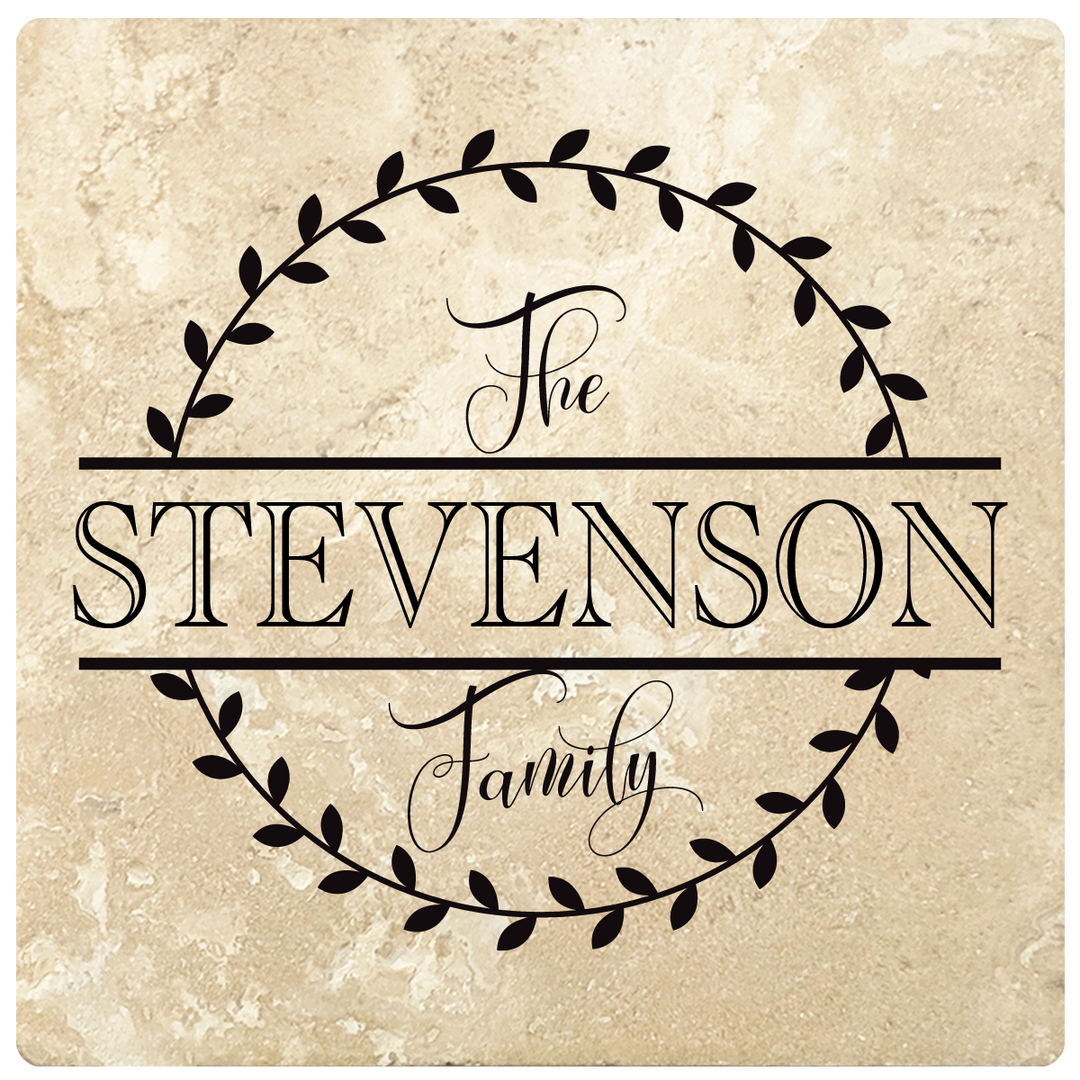 4" Personalized Family  Stone Coasters with Split Leaf Circle, Set of 4