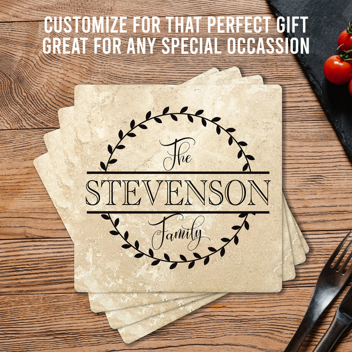 4" Personalized Family  Stone Coasters with Split Leaf Circle, Set of 4