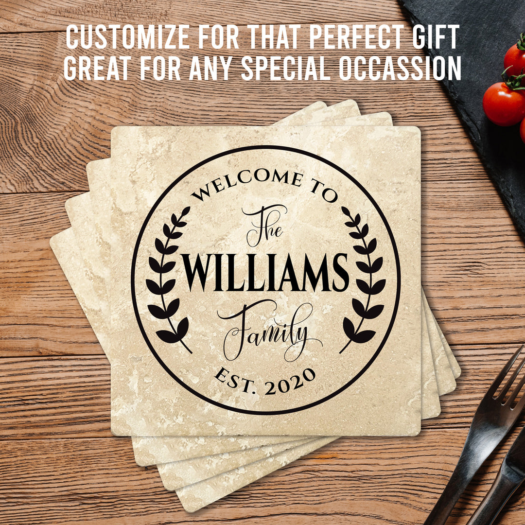 4" Personalized Family  Stone Coasters with Welcome to Family, Set of 4