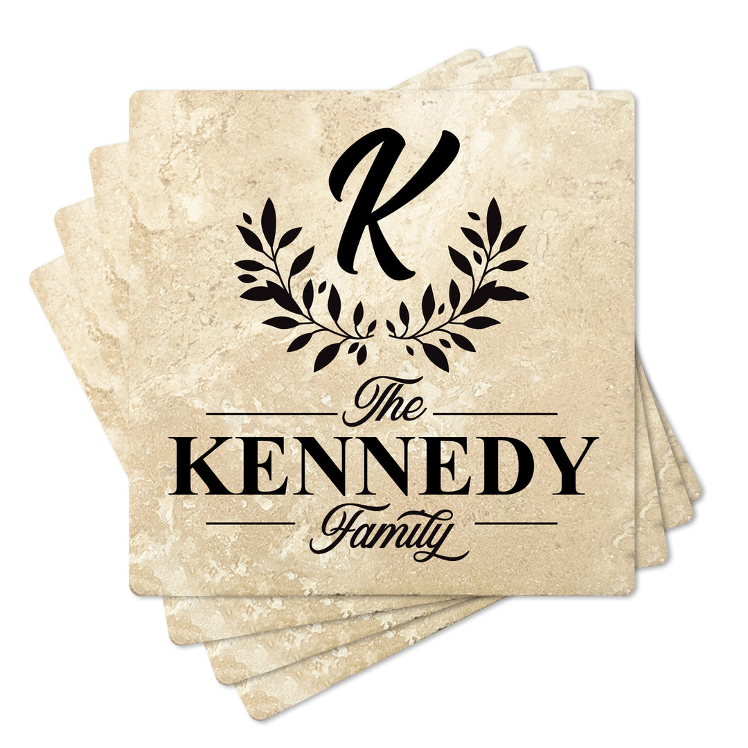 4" Personalized Family  Stone Coasters with Bottom Leaf Script Monogram, Set of 4