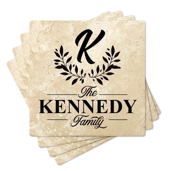 4" Personalized Family  Stone Coasters with Bottom Leaf Script Monogram, Set of 4