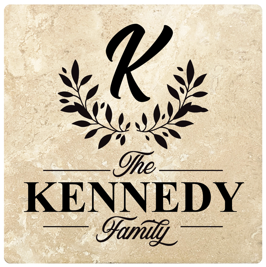 4" Personalized Family  Stone Coasters with Bottom Leaf Script Monogram, Set of 4