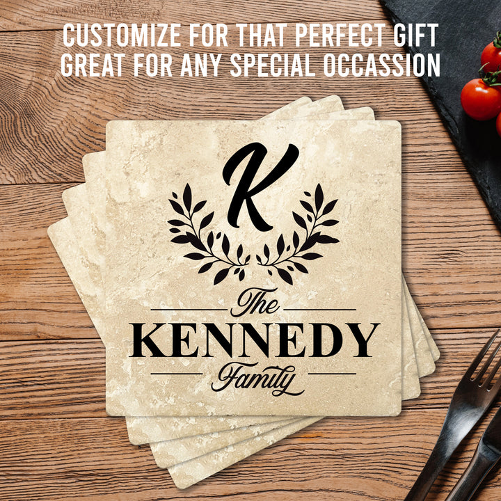 4" Personalized Family  Stone Coasters with Bottom Leaf Script Monogram, Set of 4