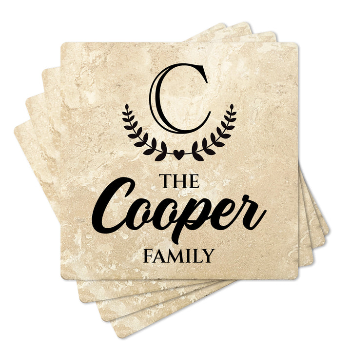 4" Personalized Family  Stone Coasters with Bottom Leaf Heart Monogram, Set of 4
