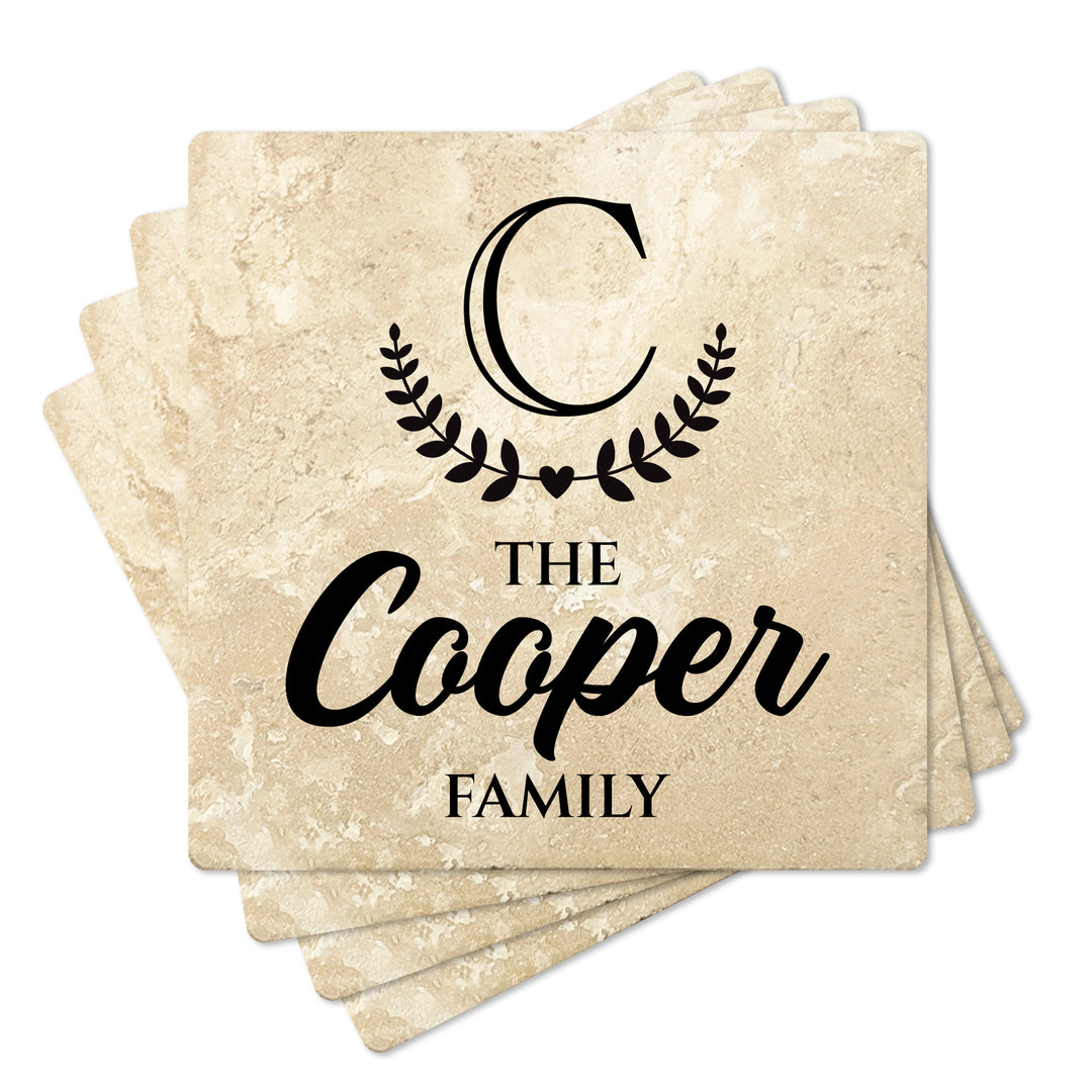 4" Personalized Family  Stone Coasters with Bottom Leaf Heart Monogram, Set of 4