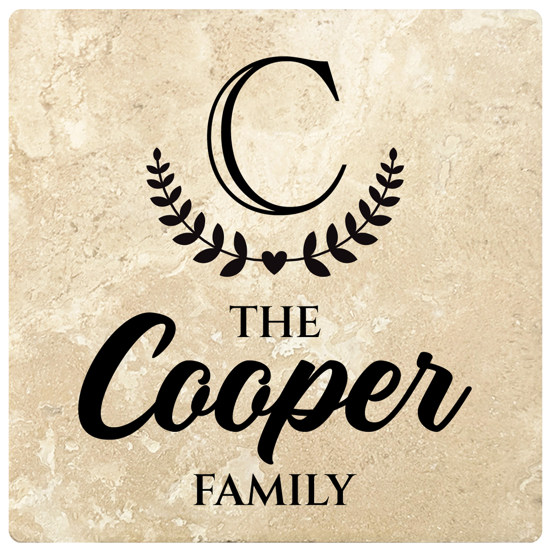 4" Personalized Family  Stone Coasters with Bottom Leaf Heart Monogram, Set of 4