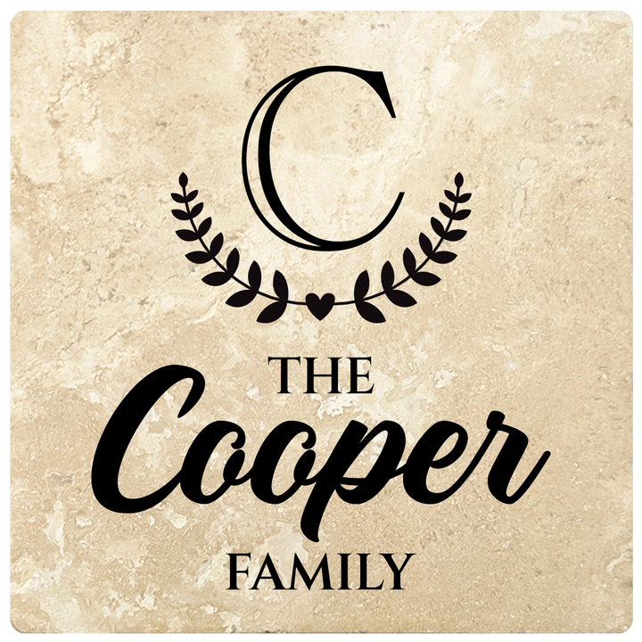 4" Personalized Family  Stone Coasters with Bottom Leaf Heart Monogram, Set of 4
