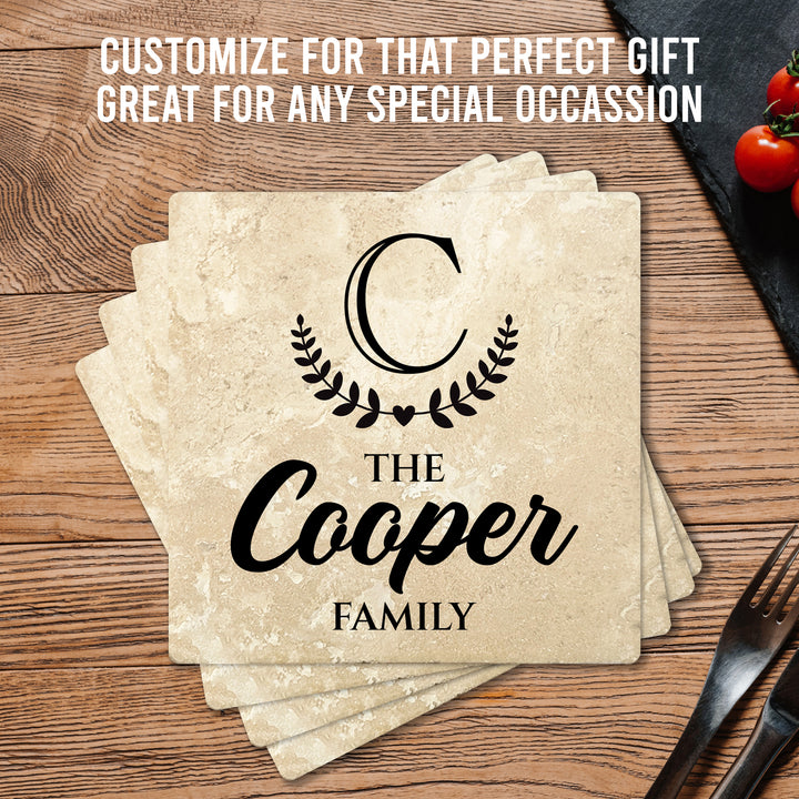 4" Personalized Family  Stone Coasters with Bottom Leaf Heart Monogram, Set of 4