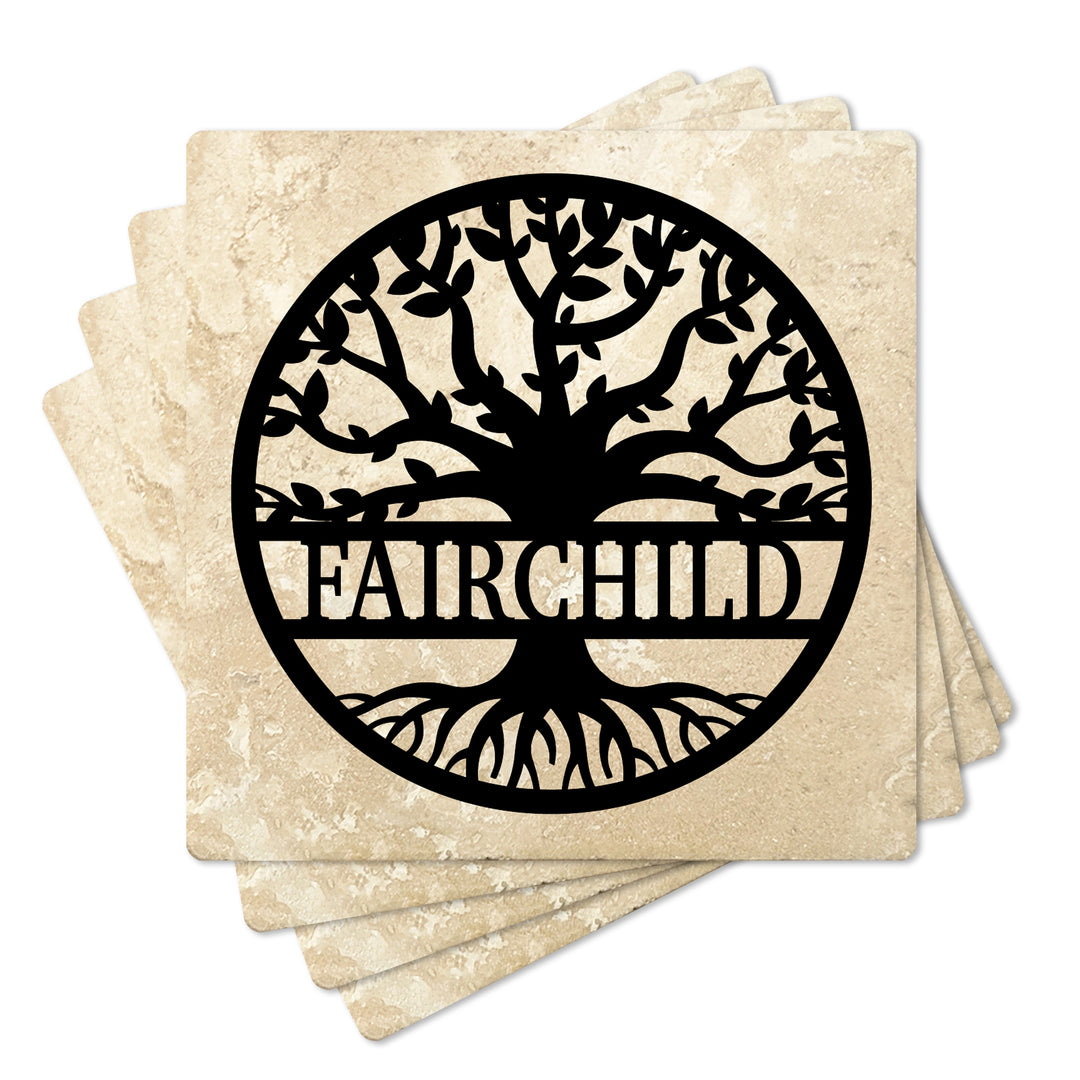 4" Personalized Family  Stone Coasters with Split Tree Name, Set of 4