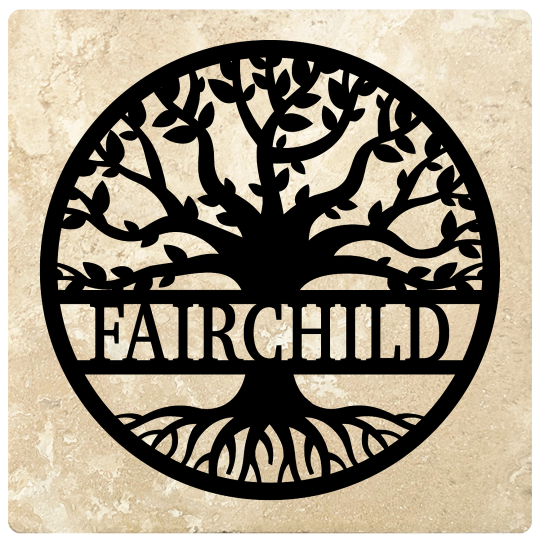4" Personalized Family  Stone Coasters with Split Tree Name, Set of 4