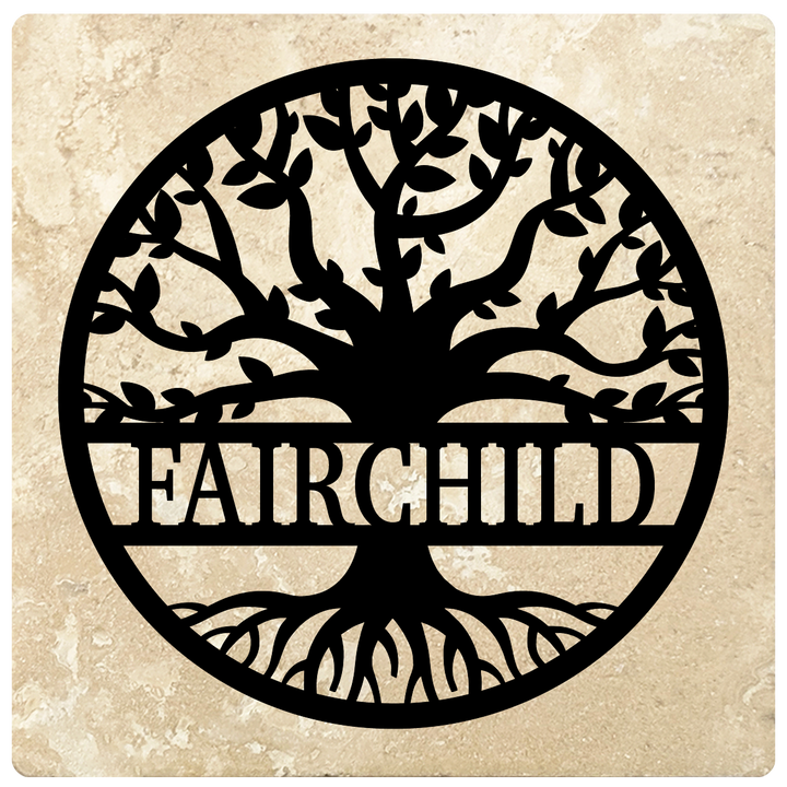 4" Personalized Family  Stone Coasters with Split Tree Name, Set of 4