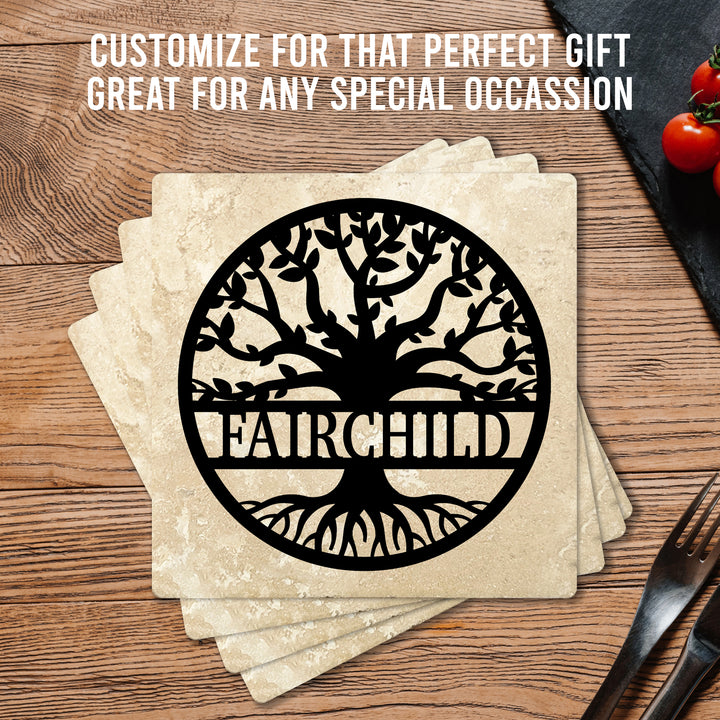 4" Personalized Family  Stone Coasters with Split Tree Name, Set of 4