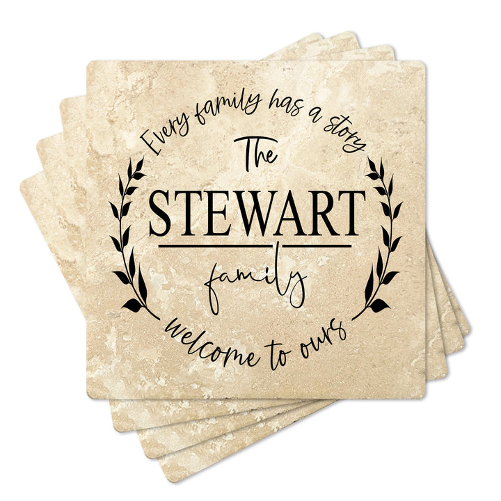 4" Personalized Family  Stone Coasters with Family Story Welcome, Set of 4