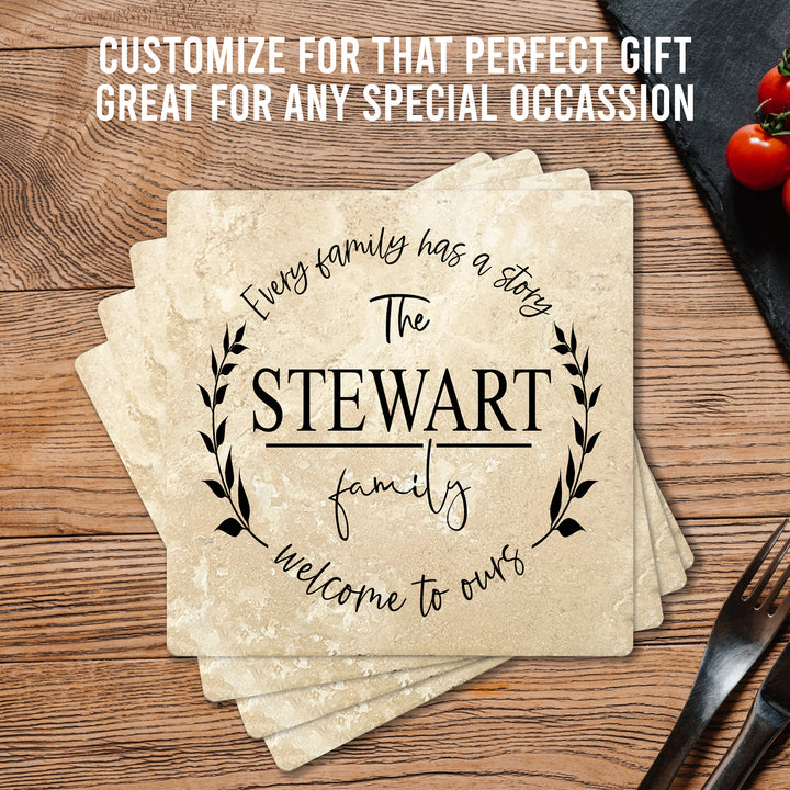 4" Personalized Family  Stone Coasters with Family Story Welcome, Set of 4