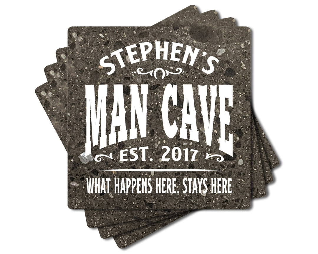 4" Personalized "Man Cave & She Shed Collection" Terrazzo Style Stone Coasters, Set of 4 Pieces