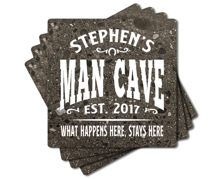 4" Personalized "Man Cave & She Shed Collection" Terrazzo Style Stone Coasters, Set of 4 Pieces