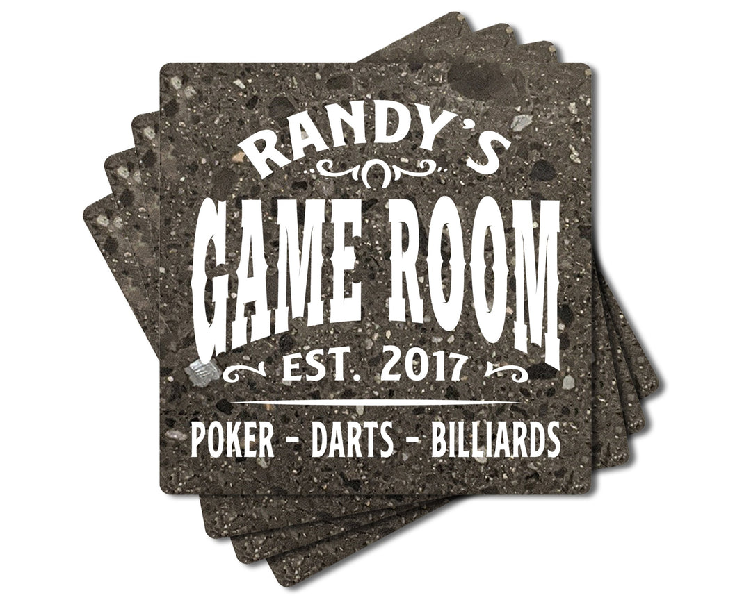 4" Personalized "Man Cave & She Shed Collection" Terrazzo Style Stone Coasters, Set of 4 Pieces