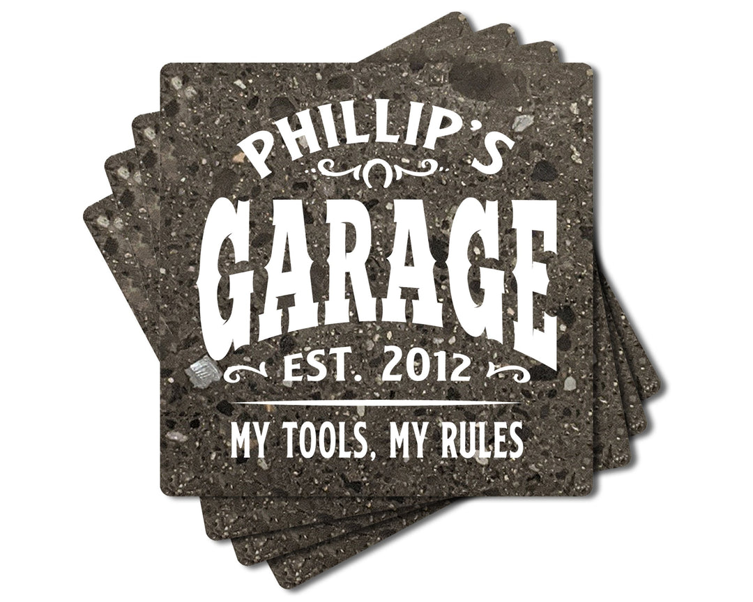 4" Personalized "Man Cave & She Shed Collection" Terrazzo Style Stone Coasters, Set of 4 Pieces