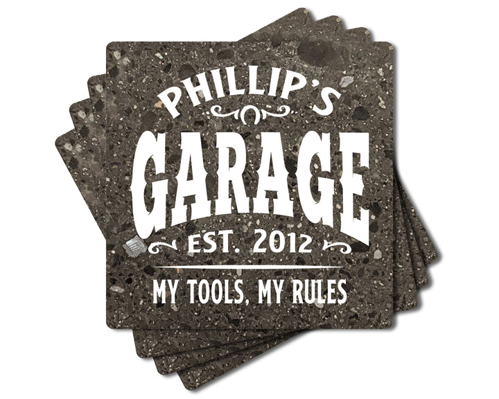 4" Personalized "Man Cave & She Shed Collection" Terrazzo Style Stone Coasters, Set of 4 Pieces