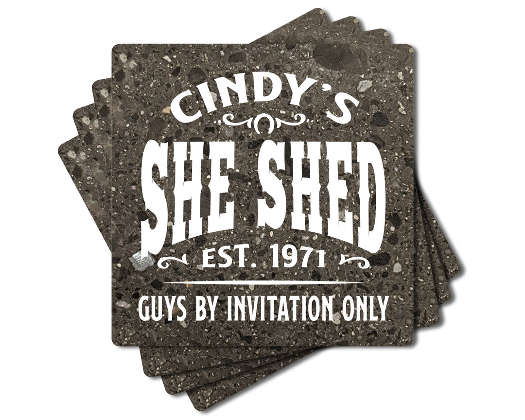 4" Personalized "Man Cave & She Shed Collection" Terrazzo Style Stone Coasters, Set of 4 Pieces