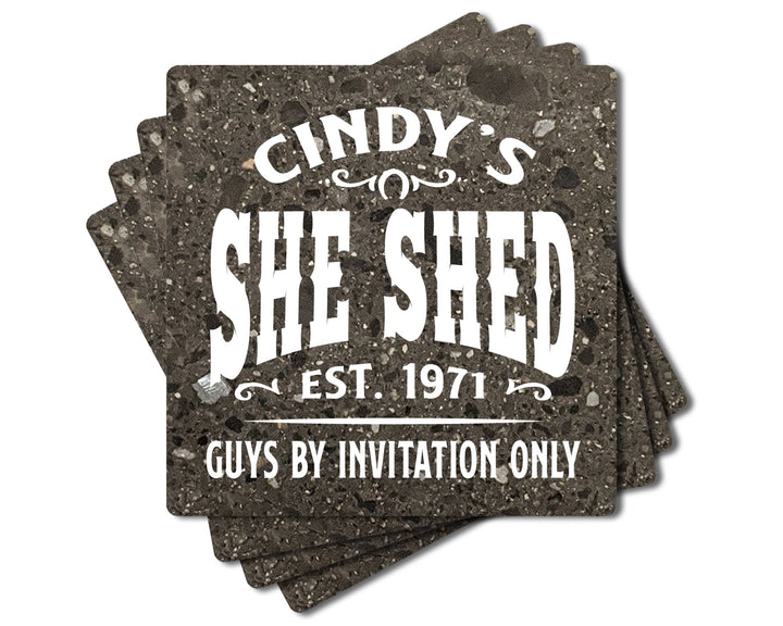 4" Personalized "Man Cave & She Shed Collection" Terrazzo Style Stone Coasters, Set of 4 Pieces