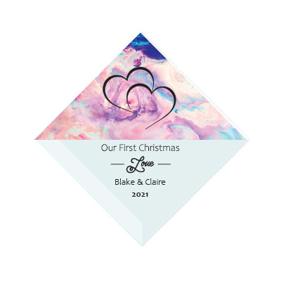 3" Personalized "Our First" Collection, Beveled Glass Suncatcher | Red Velvet Drawstring Gift Bag Pouch