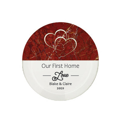 3" Personalized "Our First" Collection, Beveled Glass Suncatcher | Red Velvet Drawstring Gift Bag Pouch