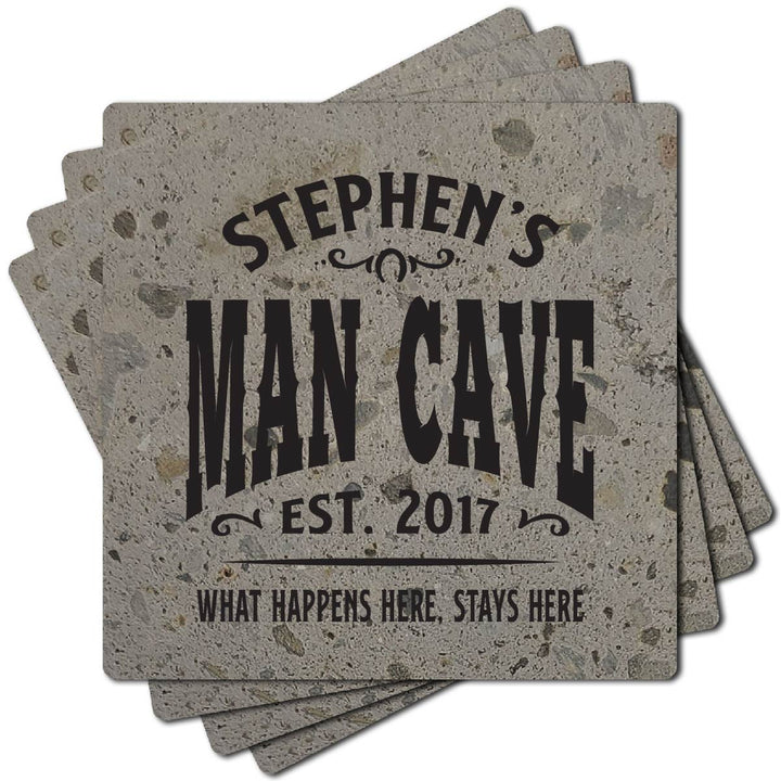 4" Personalized "Man Cave & She Shed Collection" Terrazzo Style Stone Coasters, Set of 4 Pieces