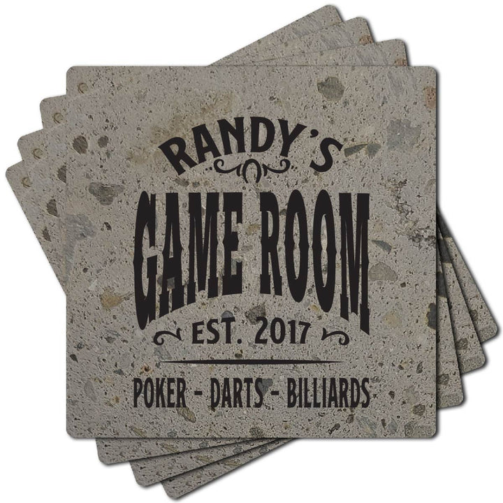 4" Personalized "Man Cave & She Shed Collection" Terrazzo Style Stone Coasters, Set of 4 Pieces