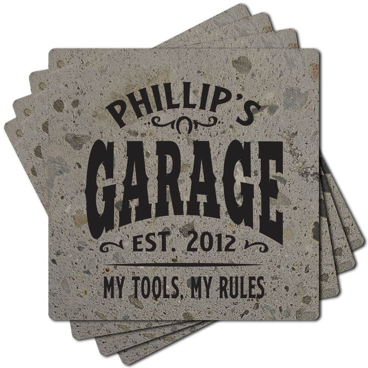 4" Personalized "Man Cave & She Shed Collection" Terrazzo Style Stone Coasters, Set of 4 Pieces