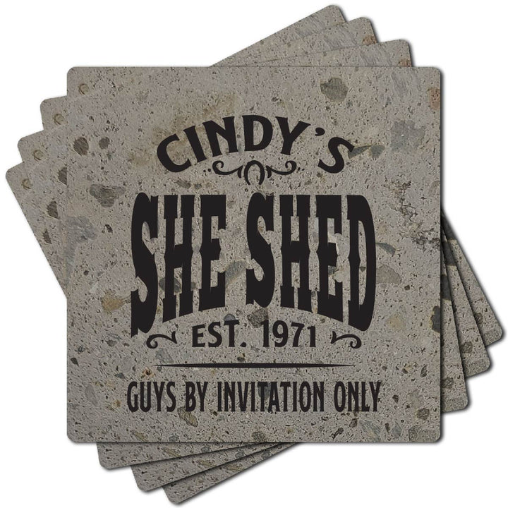4" Personalized "Man Cave & She Shed Collection" Terrazzo Style Stone Coasters, Set of 4 Pieces