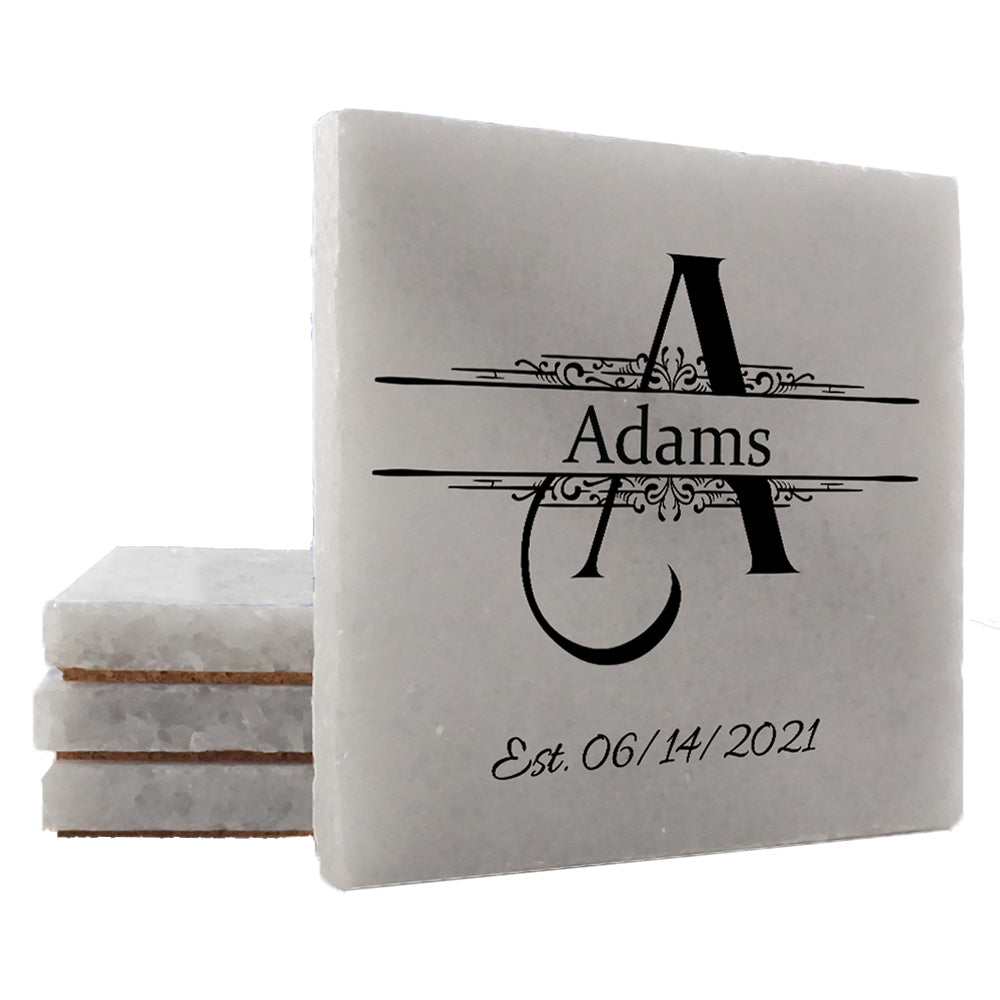 4" Personalized Stone Coasters with Wellington Text Design Monogram, Set of 4