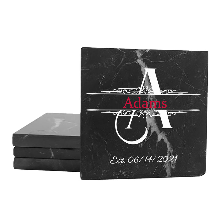 4" Personalized Stone Coasters with Wellington Text Design Monogram, Set of 4