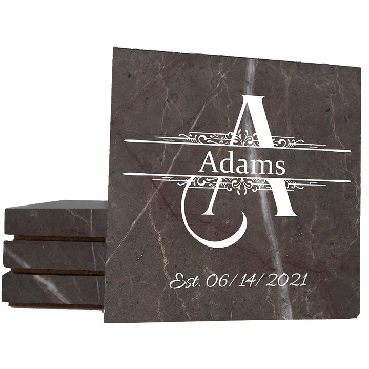 4" Personalized Stone Coasters with Wellington Text Design Monogram, Set of 4