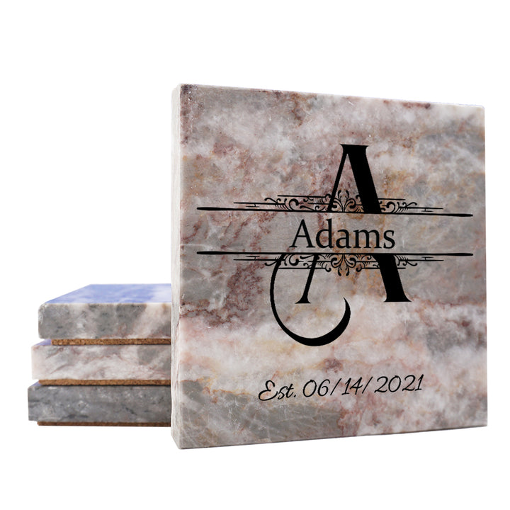 4" Personalized Stone Coasters with Wellington Text Design Monogram, Set of 4