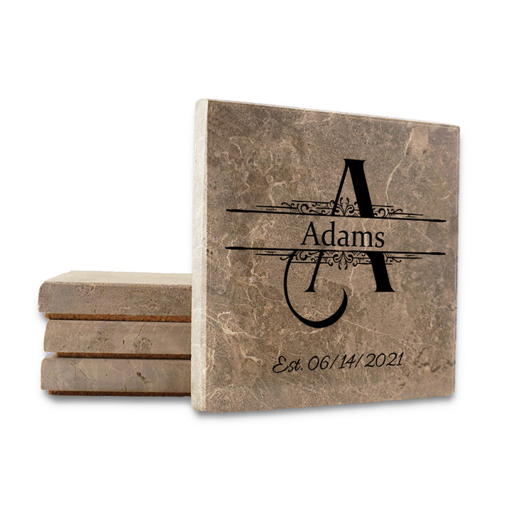 4" Personalized Stone Coasters with Wellington Text Design Monogram, Set of 4