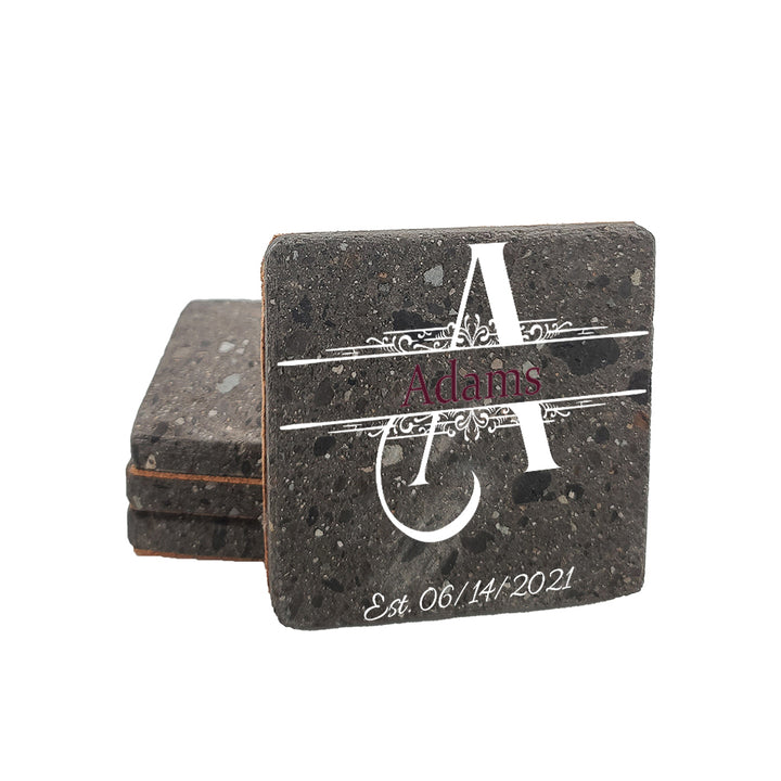 4" Personalized Stone Coasters with Wellington Text Design Monogram, Set of 4