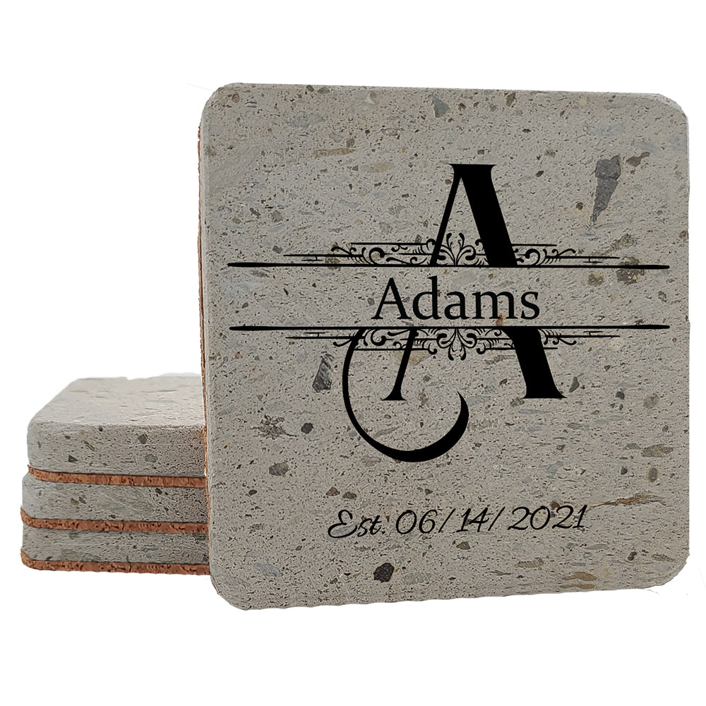 4" Personalized Stone Coasters with Wellington Text Design Monogram, Set of 4