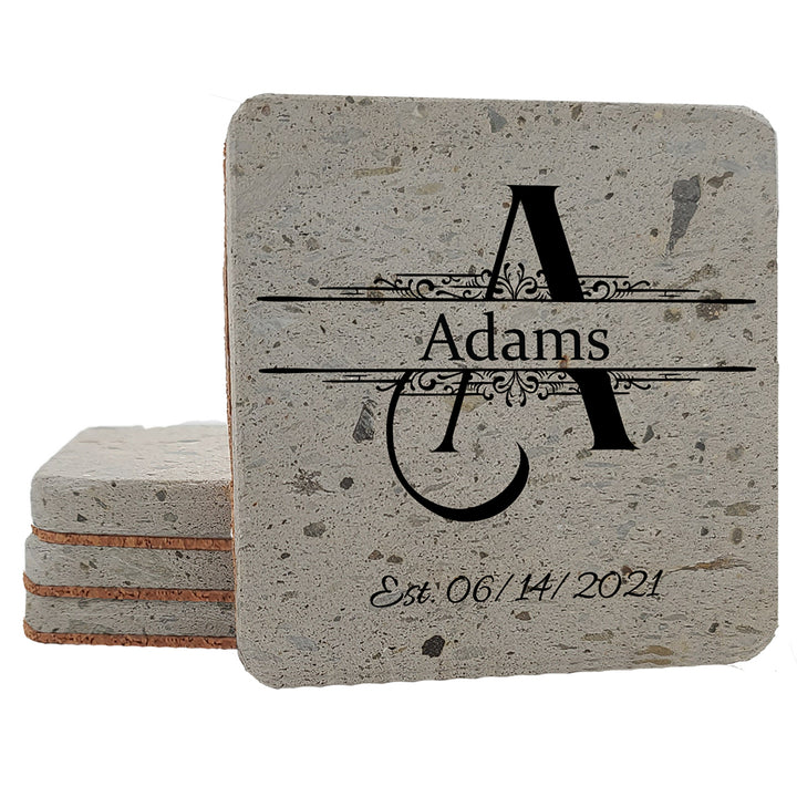 4" Personalized Stone Coasters with Wellington Text Design Monogram, Set of 4