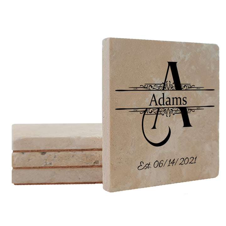 4" Personalized Stone Coasters with Wellington Text Design Monogram, Set of 4