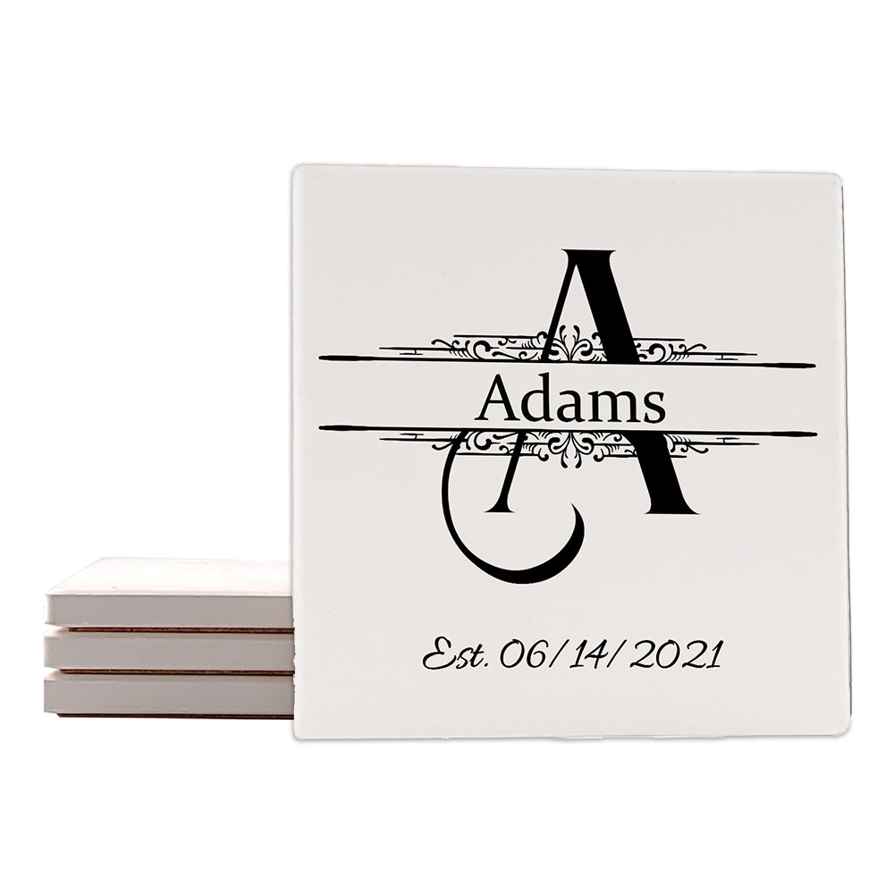 4" Personalized Stone Coasters with Wellington Text Design Monogram, Set of 4