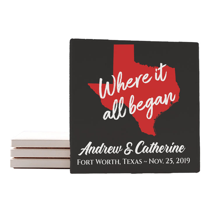 4" Personalized "Where it Began Collection by States" Ceramic Coasters, Set of 4 Pieces