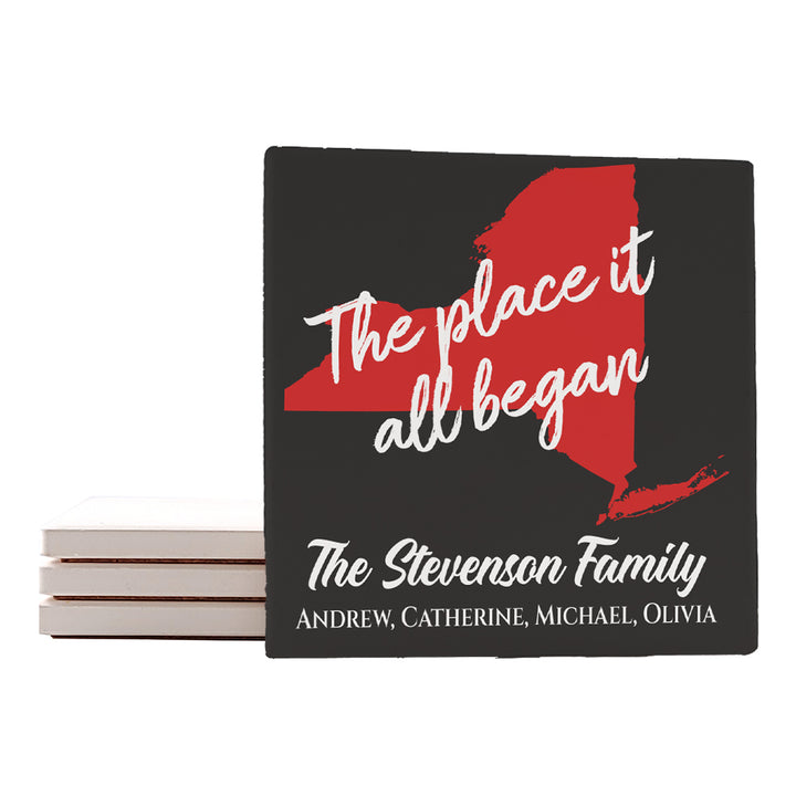 4" Personalized "Where it Began Collection by States" Ceramic Coasters, Set of 4 Pieces