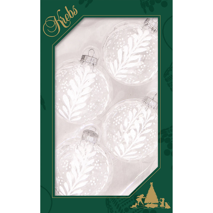 Glass Christmas Tree Ornaments - 67mm/2.63" [4 Pieces] Decorated Balls from Christmas by Krebs Seamless Hanging Holiday Decor (Clear with White Vines and Dots)